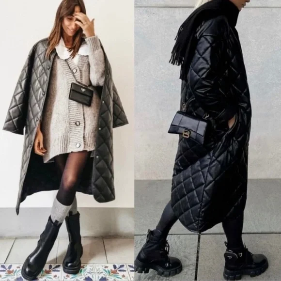 Zara Black Quilted Long Coat - Picture 3 of 6